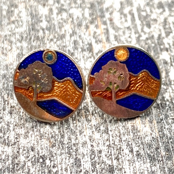 Vintage Enamel Stud Earrings Metal Landscape Tree Cloisonné Post Bronze - Picture 1 of 6
